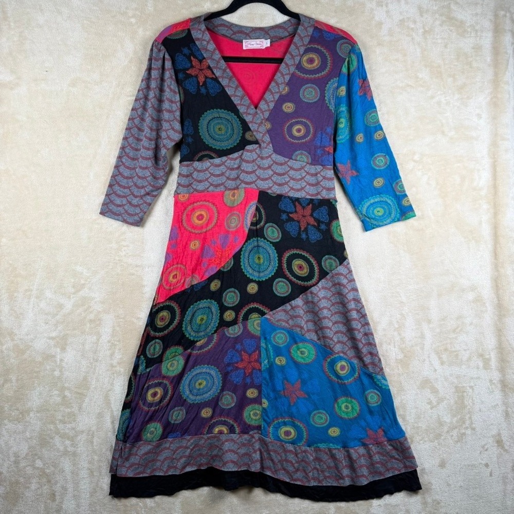Pura Vida Patchwork Midi Dress Women L Multi Color V-Neck 3/4 Sleeve Boho Hippie